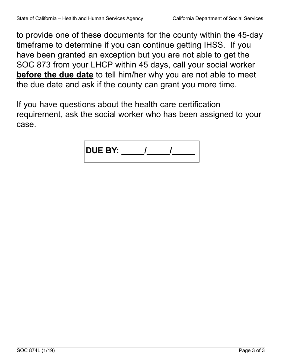 Form SOC874L In-home Supportive Services (Ihss) Program Notice to Applicant of Health Care Certification Requirement - California, Page 3