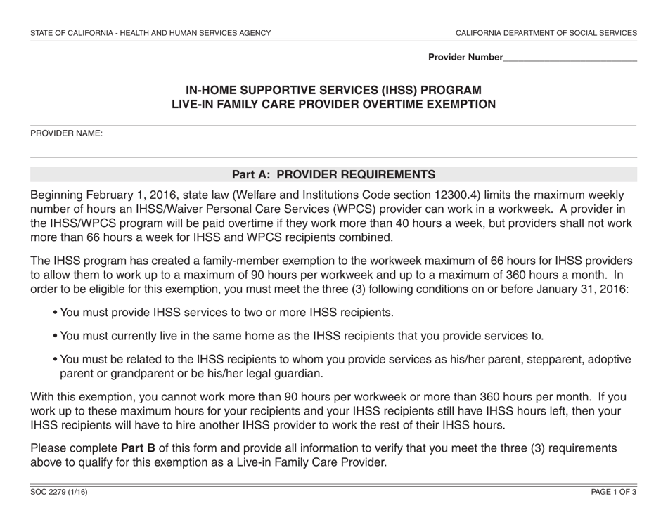 Form SOC2279 In-home Supportive Services (Ihss) Program Live-In Family Care Provider Overtime Exemption - California, Page 1