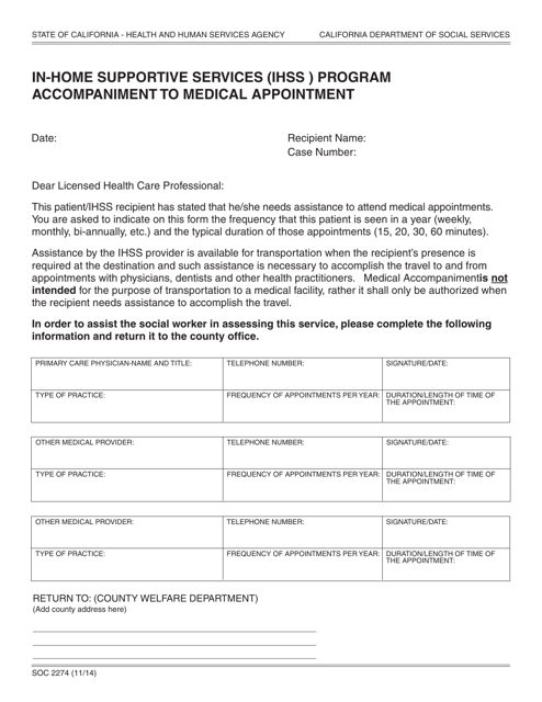 Form SOC2274 In-home Supportive Services (Ihss ) Program Accompaniment to Medical Appointment - California
