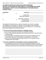 Form SOC2310 In-home Supportive Services (Ihss) Program Notice to Provider of Ineligibility for Exemption From Workweek Limits for Extraordinary Circumstances (Exemption 2) - California