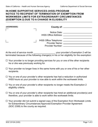 Form SOC2312A In-home Supportive Services (Ihss) Program Notice to Recipient of Termination of Exemption From Workweek Limits for Extraordinary Circumstances (Exemption 2) Due to a Change in Eligibility - California