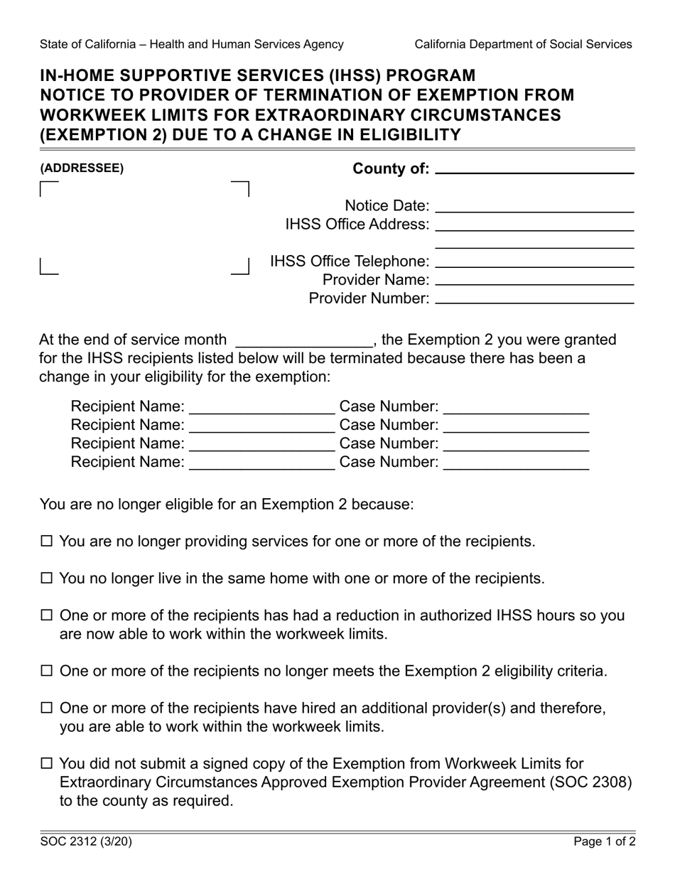 Form SOC2312 In-home Supportive Services (Ihss) Program Notice to Provider of Termination of Exemption From Workweek Limits for Extraordinary Circumstances (Exemption 2) Due to a Change in Eligibility - California, Page 1