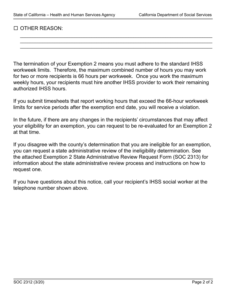 Form SOC2312 In-home Supportive Services (Ihss) Program Notice to Provider of Termination of Exemption From Workweek Limits for Extraordinary Circumstances (Exemption 2) Due to a Change in Eligibility - California, Page 2