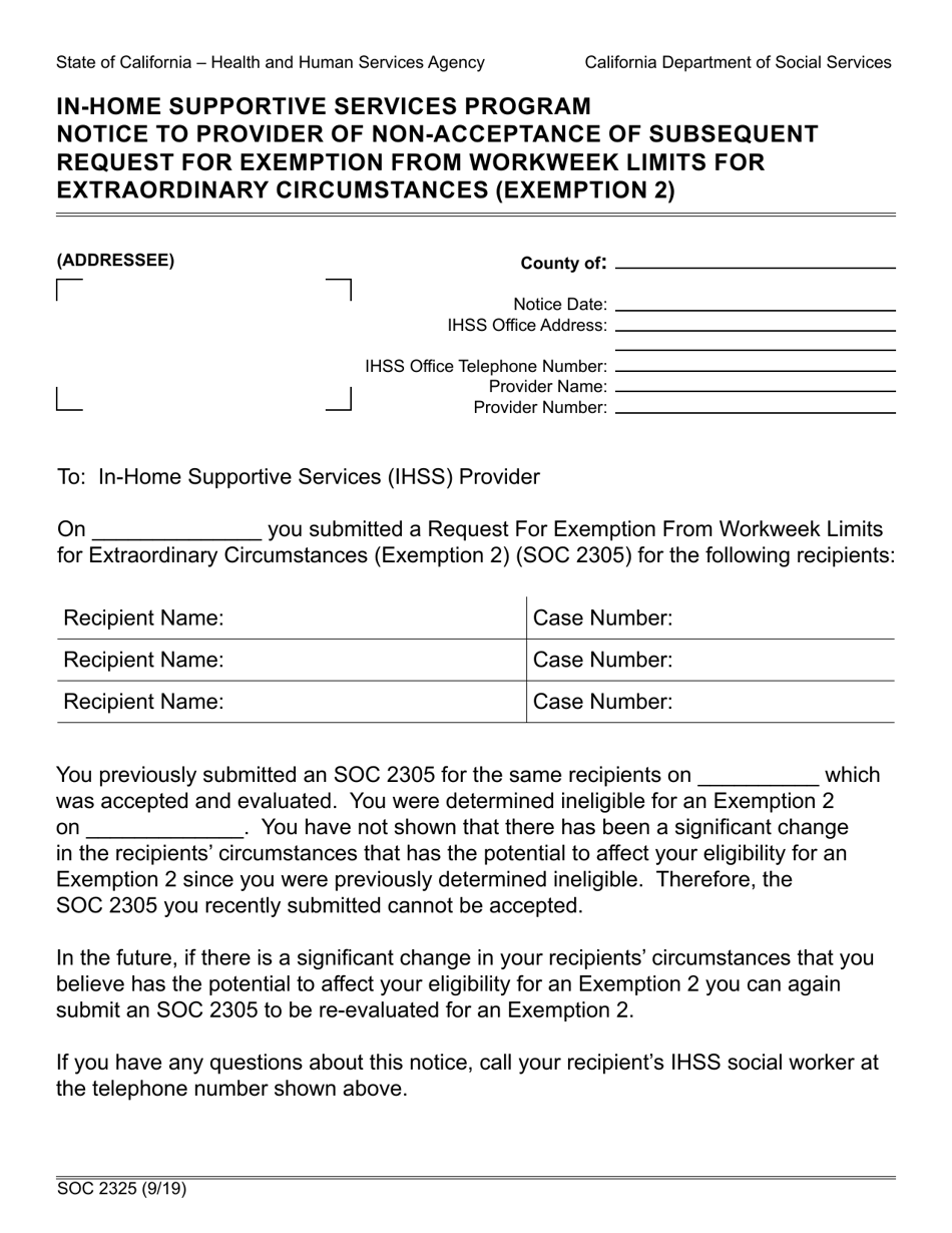 Form SOC2325 In-home Supportive Services Program Notice to Provider of Non-acceptance of Subsequent Request for Exemption From Workweek Limits for Extraordinary Circumstances (Exemption 2) - California, Page 1