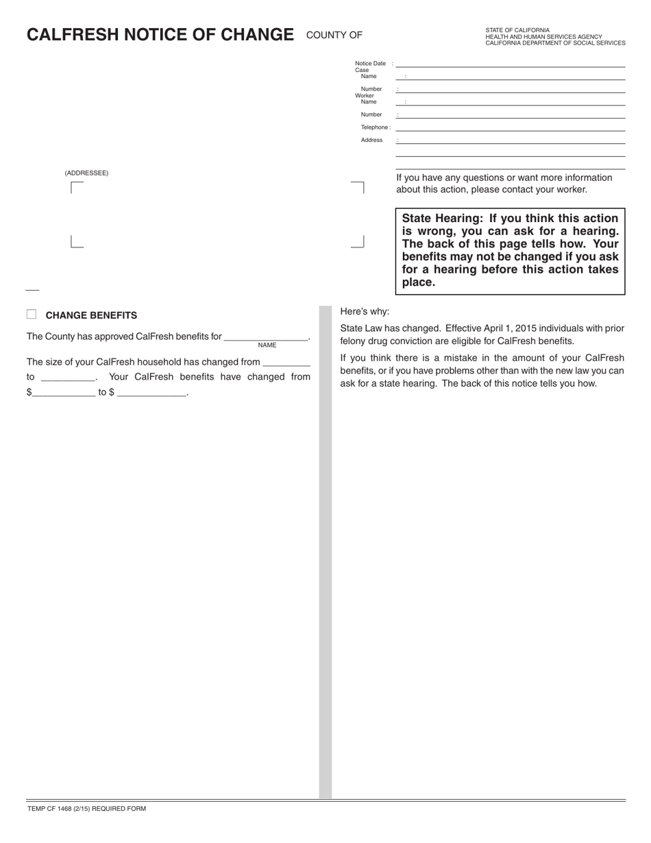 Form TEMP CF1468 CalFresh Notice of Change - California, Page 1