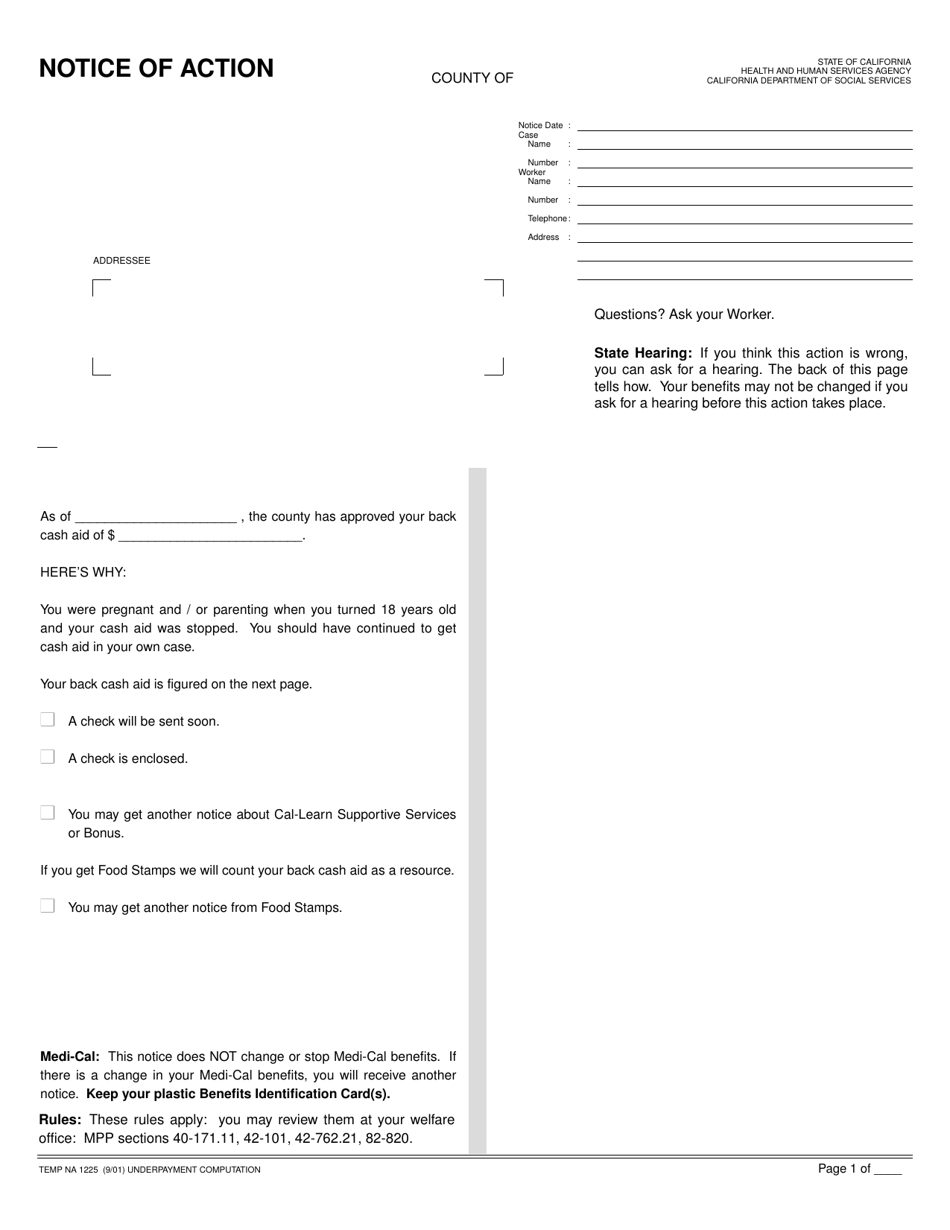 Form TEMP NA1225 Notice of Change - Underpayment Computation - California, Page 1