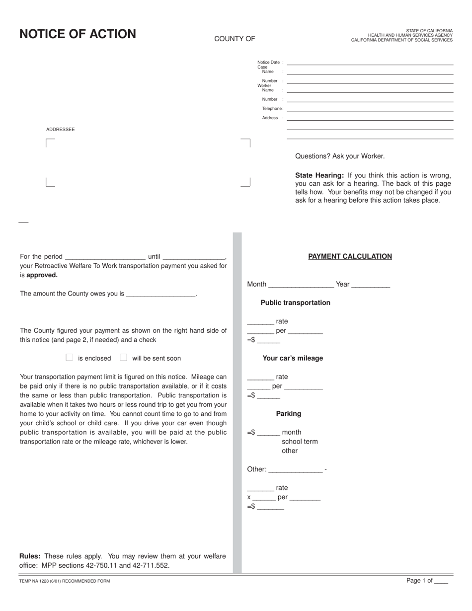 Form TEMP NA1228 Notice of Action - California, Page 1