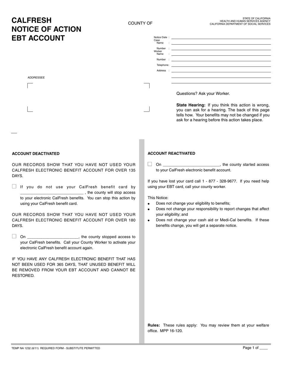 Form TEMP NA1232 Notice of Action - CalFresh Ebt Account - California, Page 1