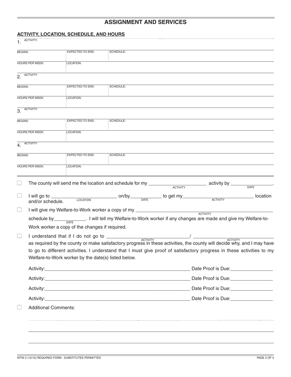 Form WTW2 Welfare-To-Work Plan Activity Assignment - California, Page 2