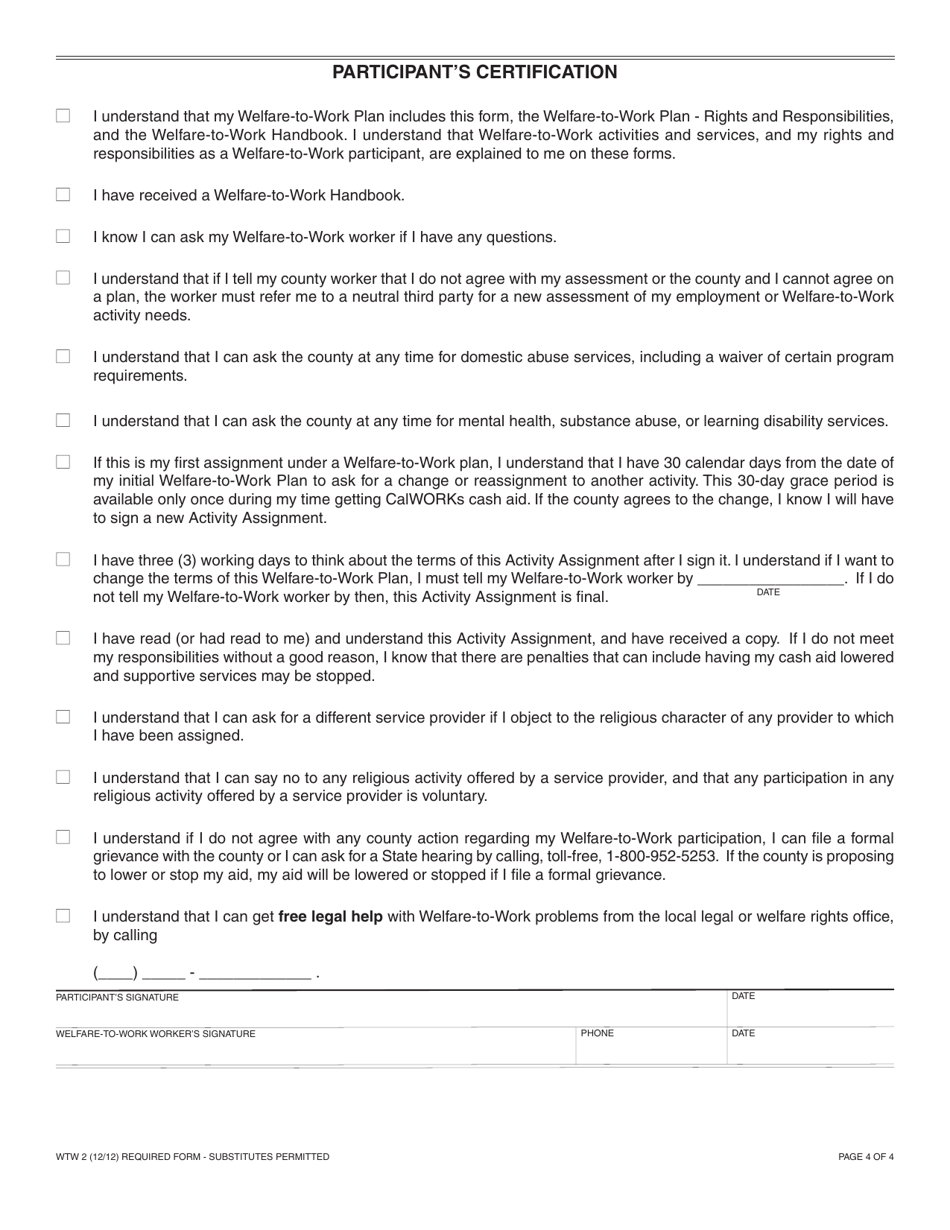 Form WTW2 Welfare-To-Work Plan Activity Assignment - California, Page 4
