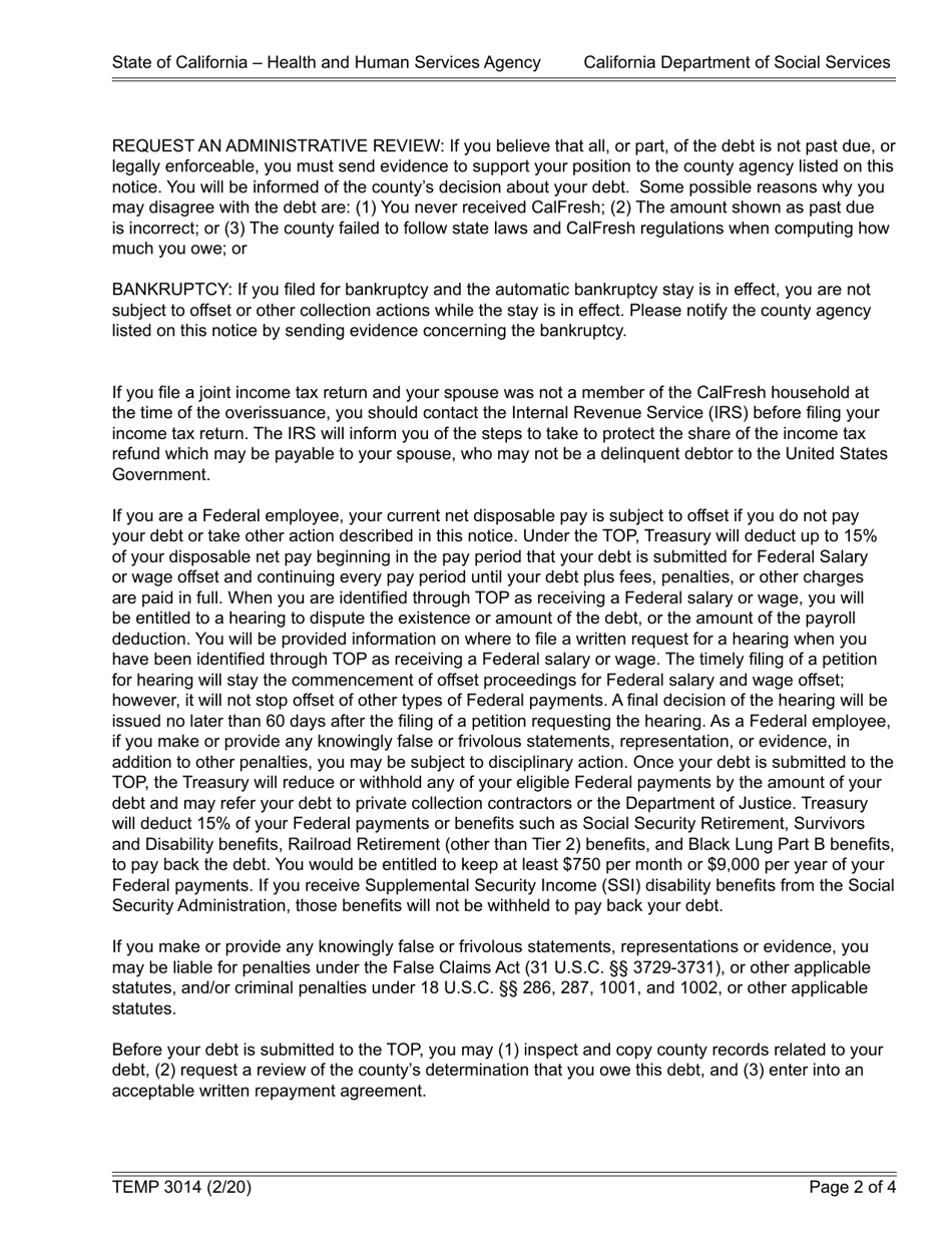 Form TEMP3014 Treasury Offset Program (Top) Pre-offset Notice - California, Page 2