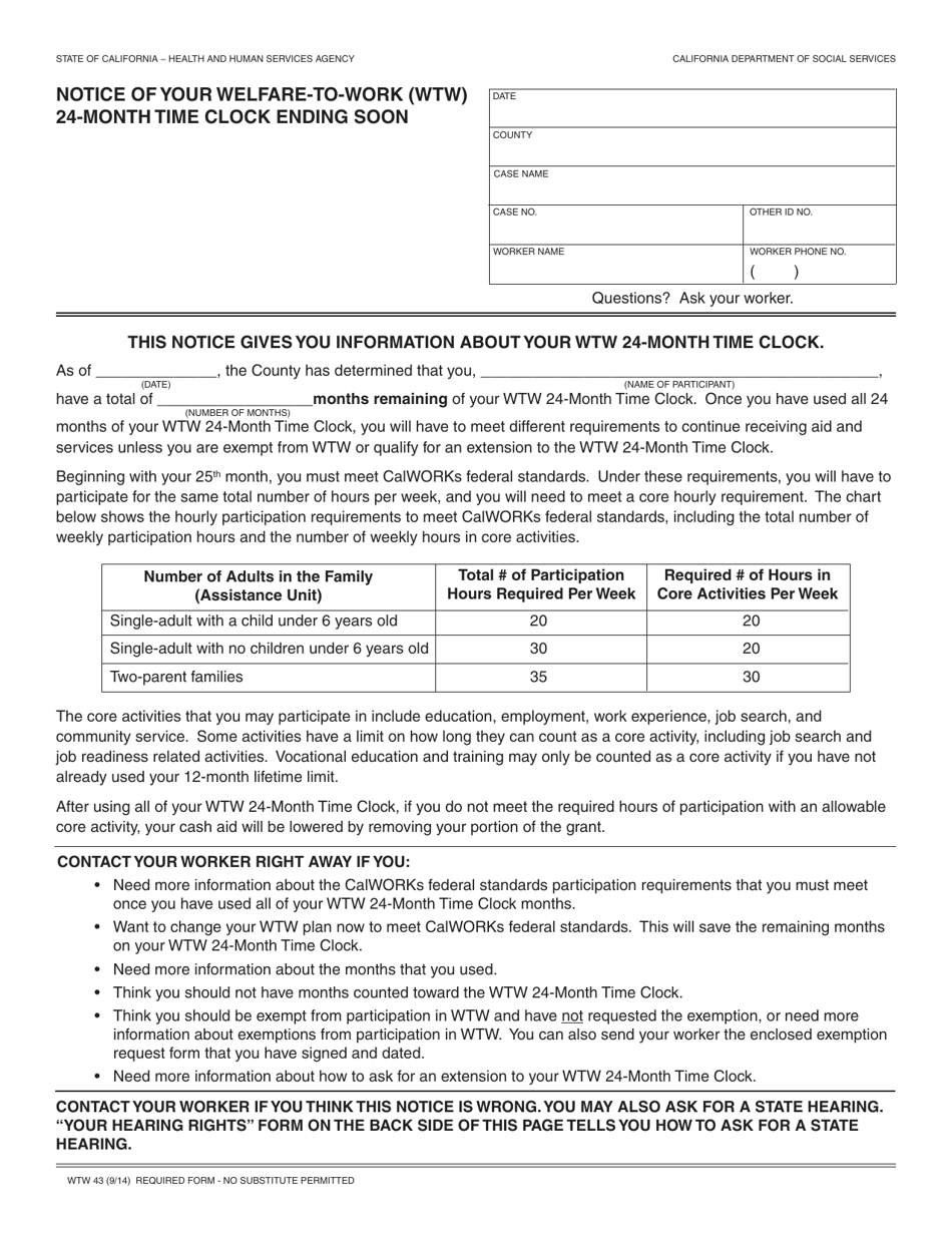 Form WTW43 Notice of Your Welfare-To-Work (Wtw) 24-month Time Clock Ending Soon - California, Page 1