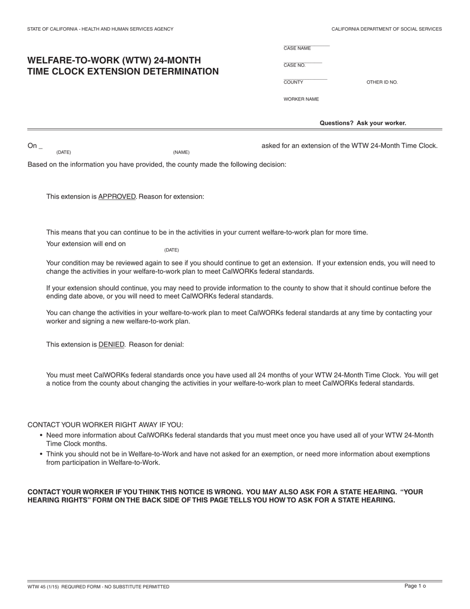 Form WTW45 Welfare-To-Work (Wtw) 24-month Time Clock Extension Determination - California, Page 1