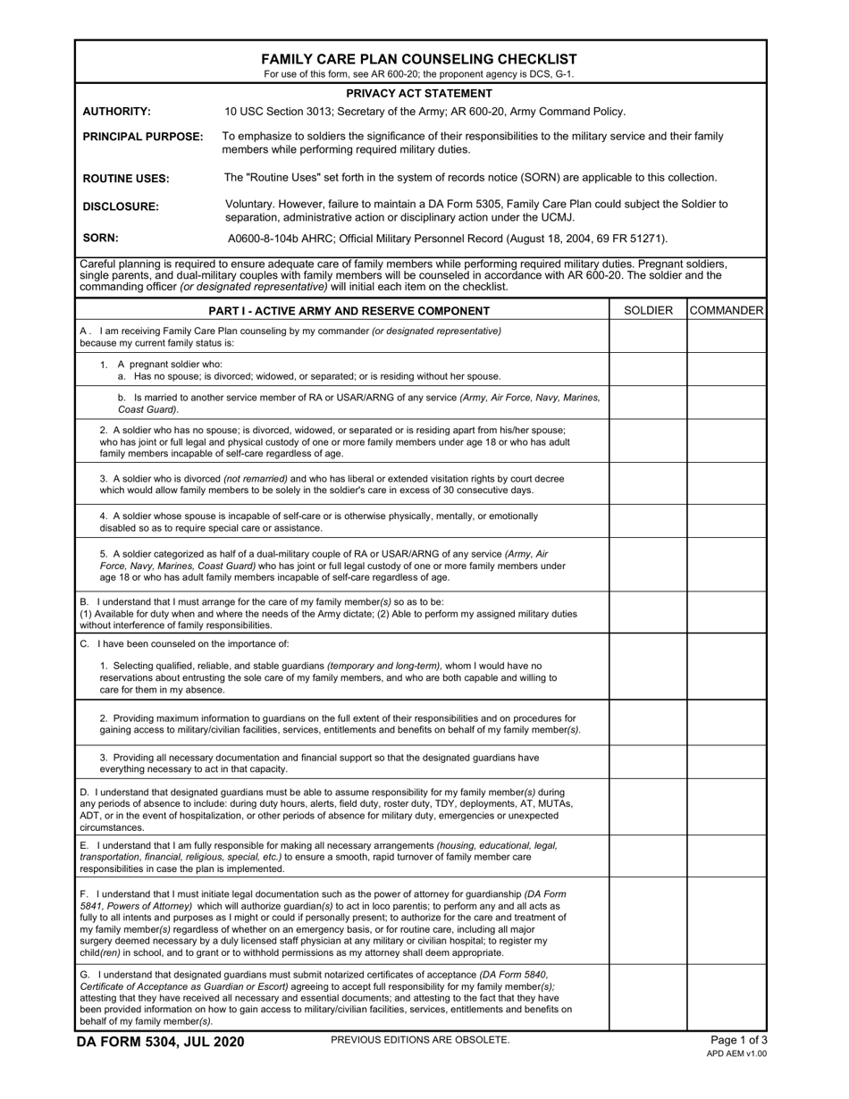 DA Form 5304 Family Care Plan Counseling Checklist, Page 1