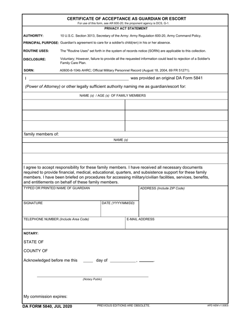 DA Form 5840 Certificate of Acceptance as Guardian or Escort