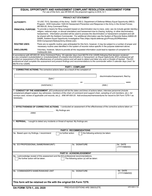 DA Form 7279-1 Equal Opportunity and Harassment Complaint Resolution Assessment Form
