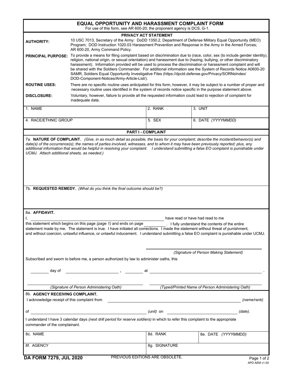 DA Form 7279 Equal Opportunity and Harassment Complaint Form, Page 1