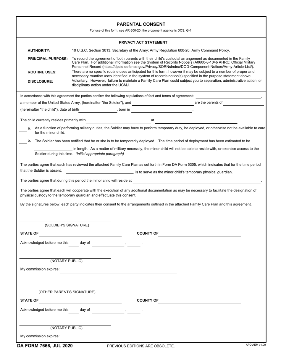 DA Form 7666 Download Fillable PDF or Fill Online Parental Consent ...