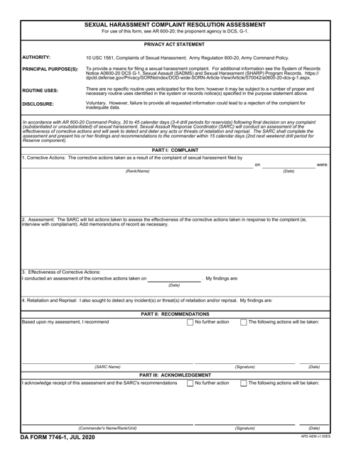 DA Form 7746-1 Sexual Harassment Complaint Resolution Assessment