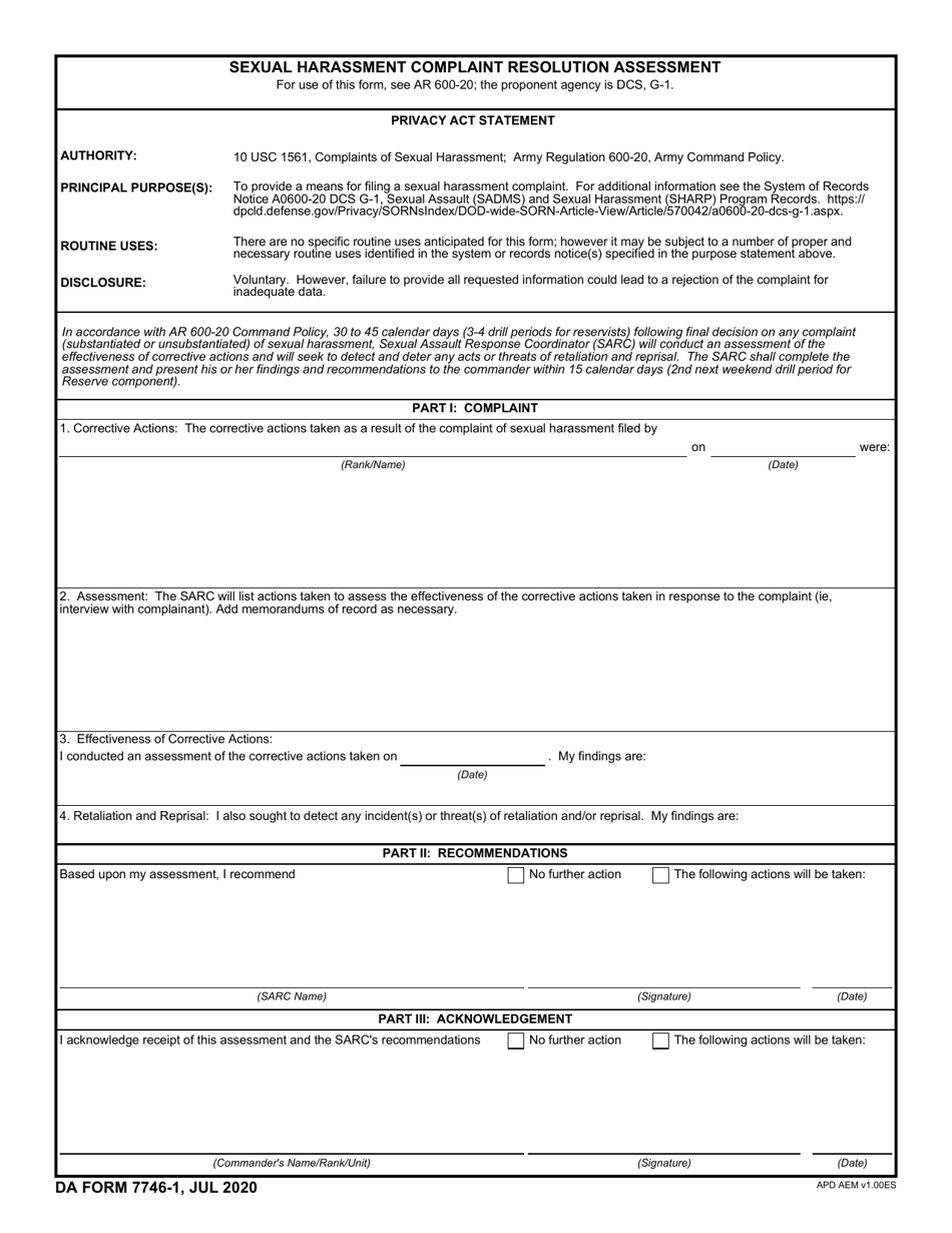 DA Form 7746-1 Sexual Harassment Complaint Resolution Assessment, Page 1