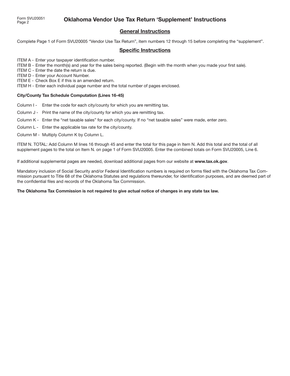Form SVU20051 Vendor Use Tax Return Supplement - Oklahoma, Page 2