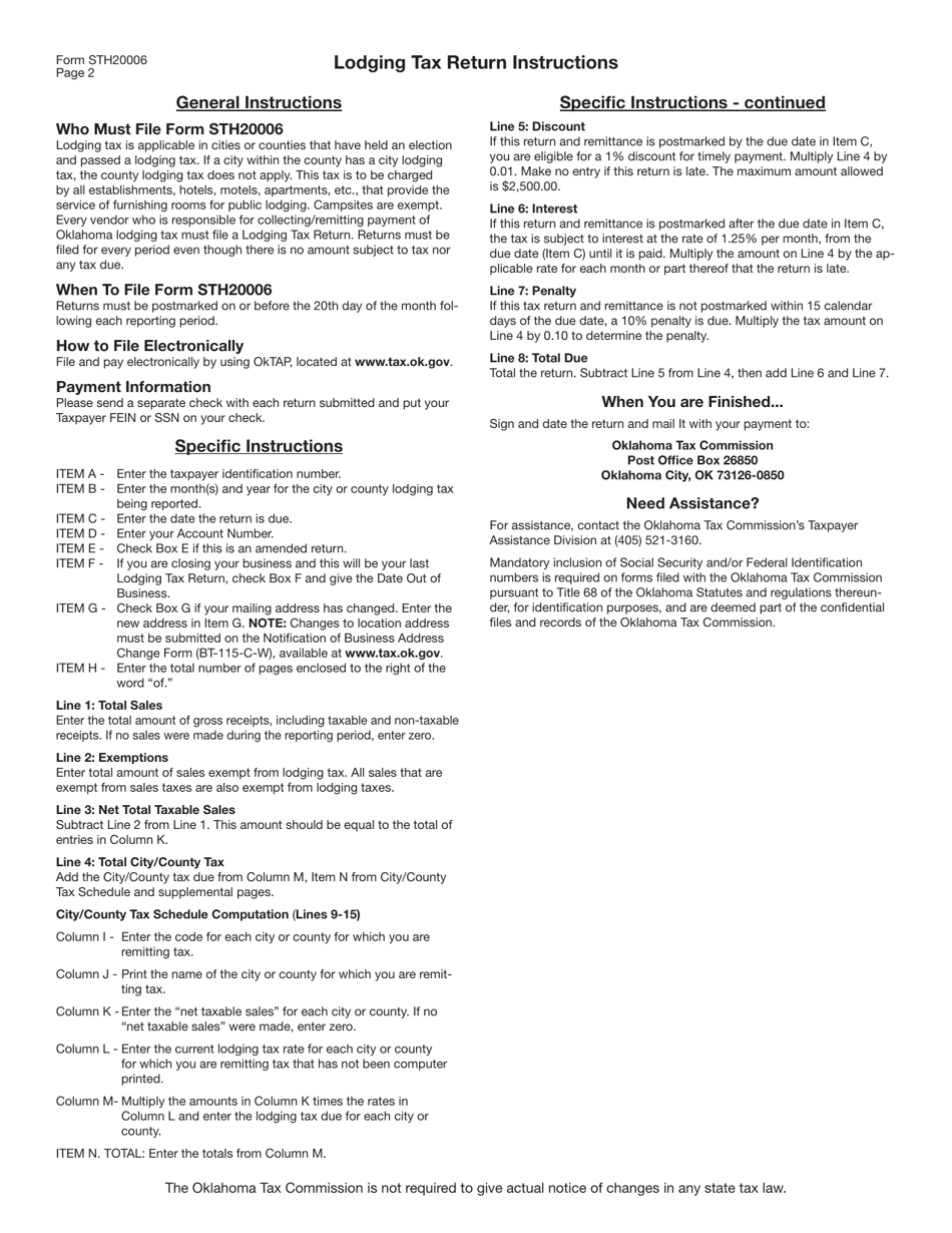 Form STH20006 Lodging Tax Return - Oklahoma, Page 3