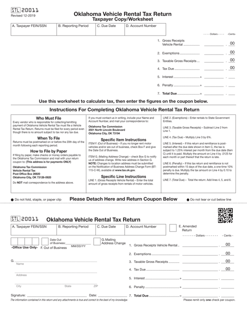 Form STL20011 Oklahoma Vehicle Rental Tax Return (Taxpayer Copy/Worksheet) - Oklahoma