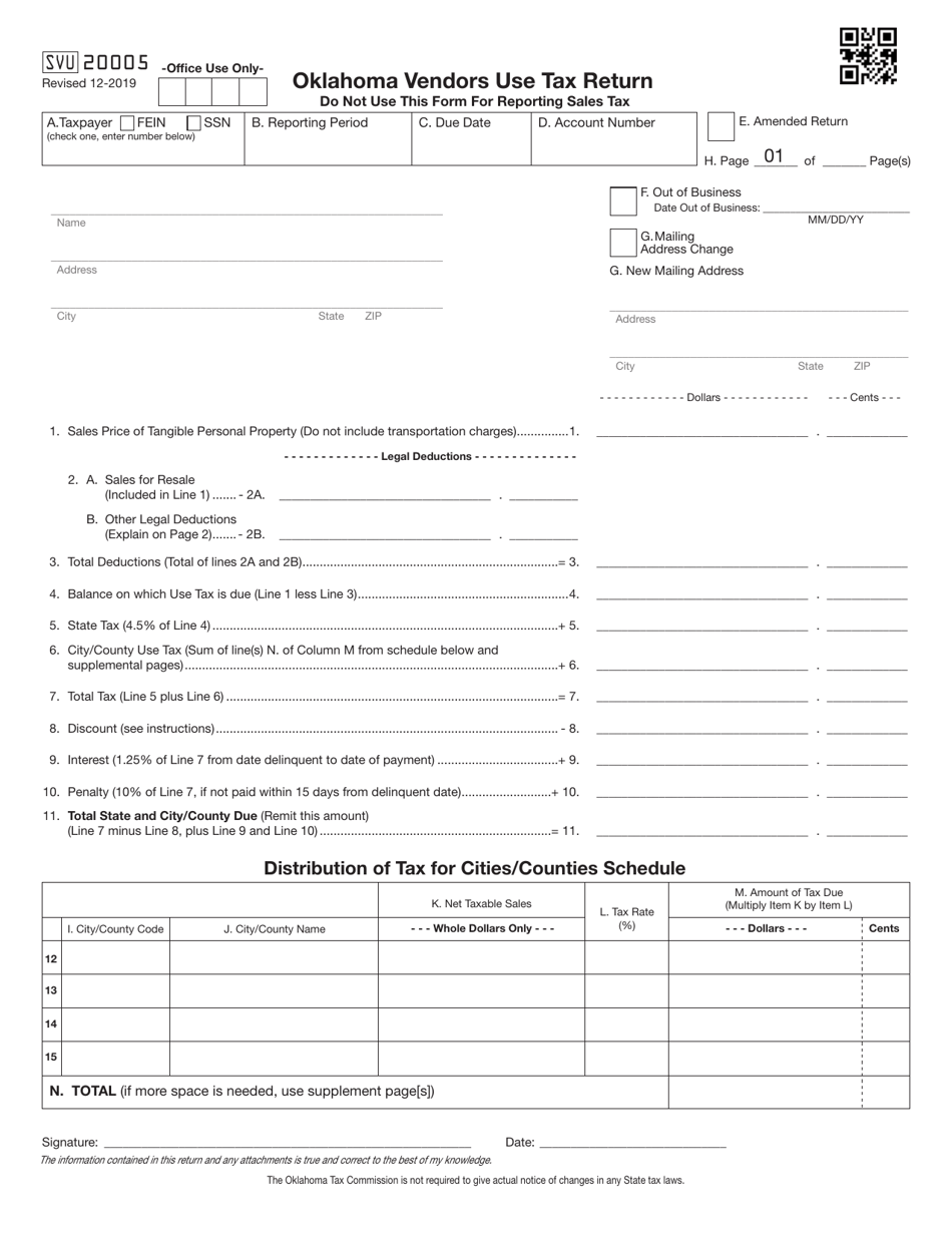 Form SVU20005 Oklahoma Vendor Use Tax Return (For Filing Returns Prior to July 1, 2017) - Oklahoma, Page 2