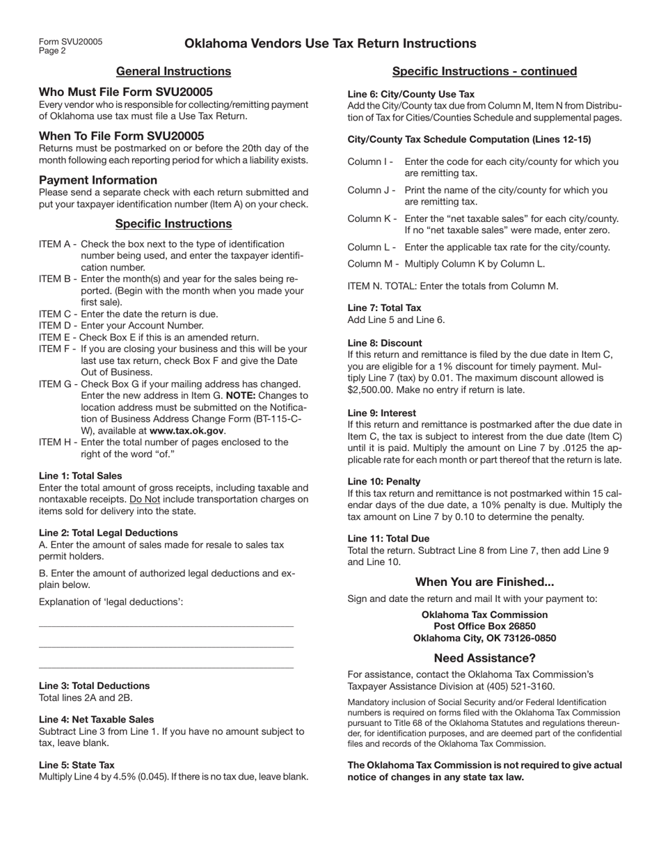 Form SVU20005 Oklahoma Vendor Use Tax Return (For Filing Returns Prior to July 1, 2017) - Oklahoma, Page 3