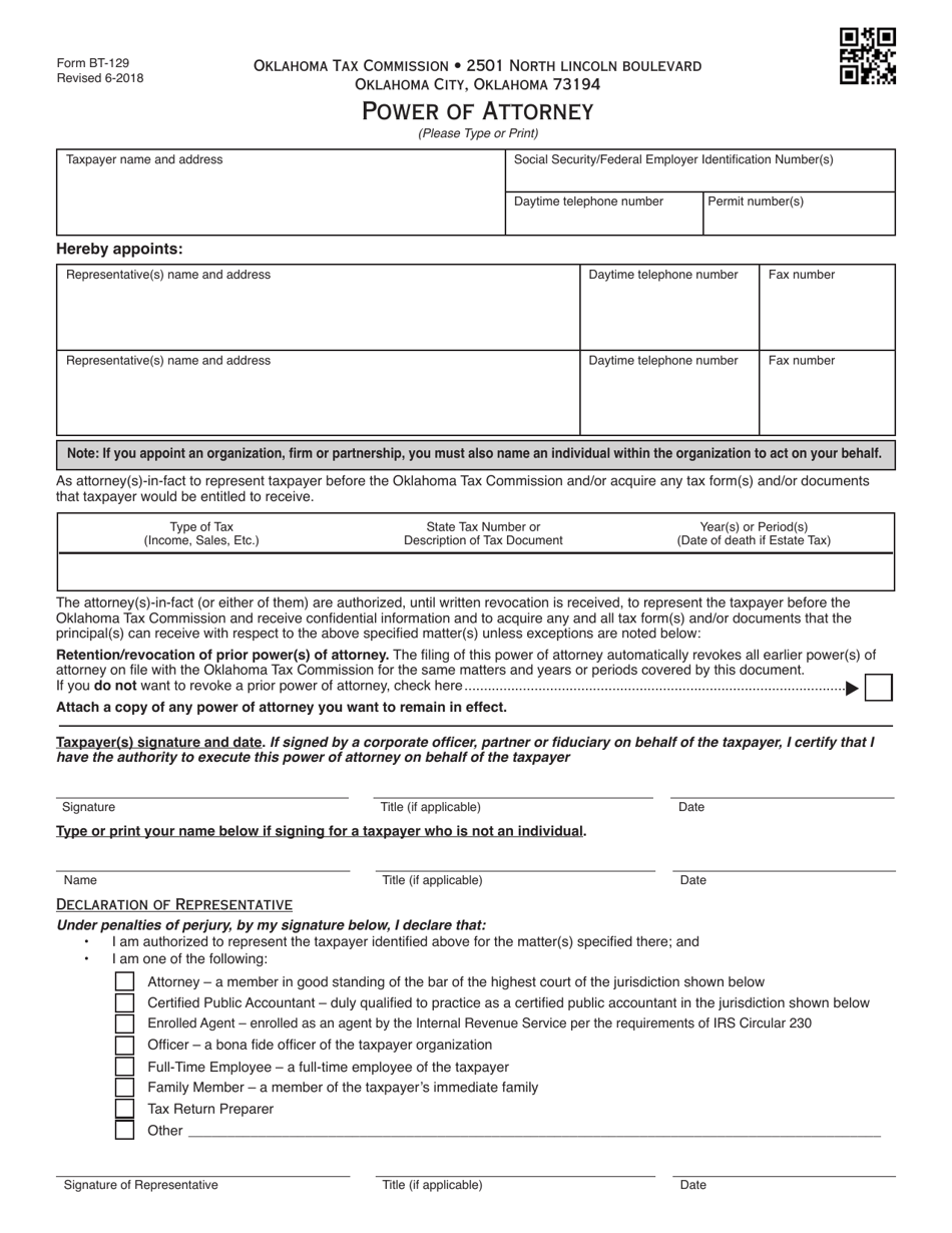 Form BT-129 Power of Attorney - Oklahoma, Page 1