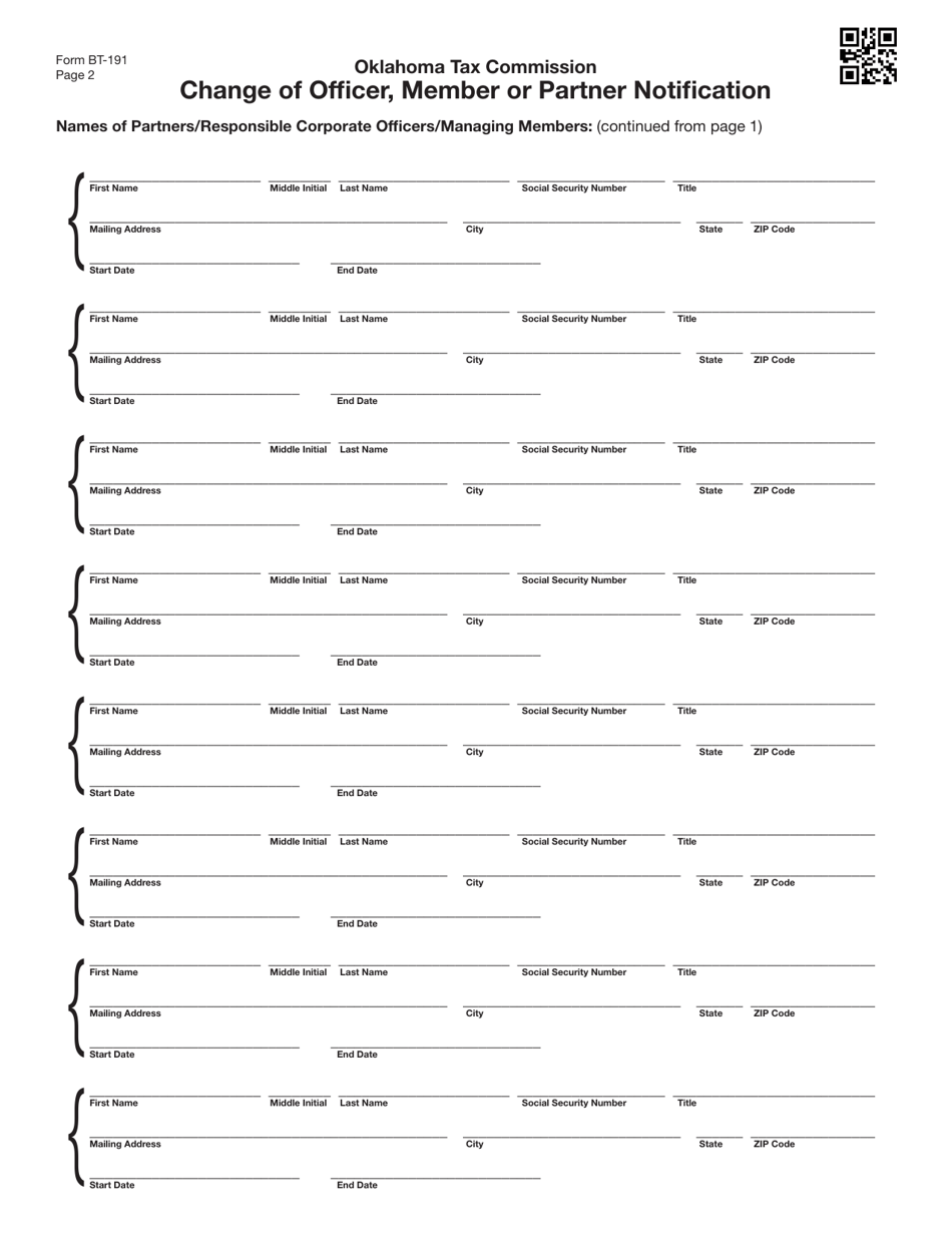 Form BT-191 Change of Officer, Member or Partner Notification - Oklahoma, Page 2