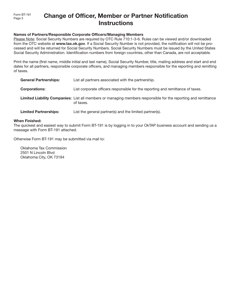 Form BT-191 Change of Officer, Member or Partner Notification - Oklahoma, Page 3