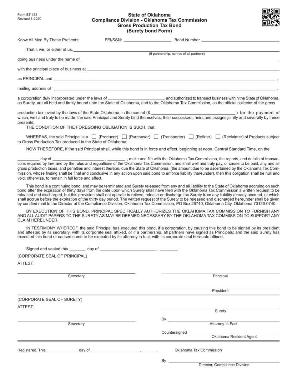 Form BT-158 Gross Production Tax Bond (Surety Bond Form) - Oklahoma, Page 1