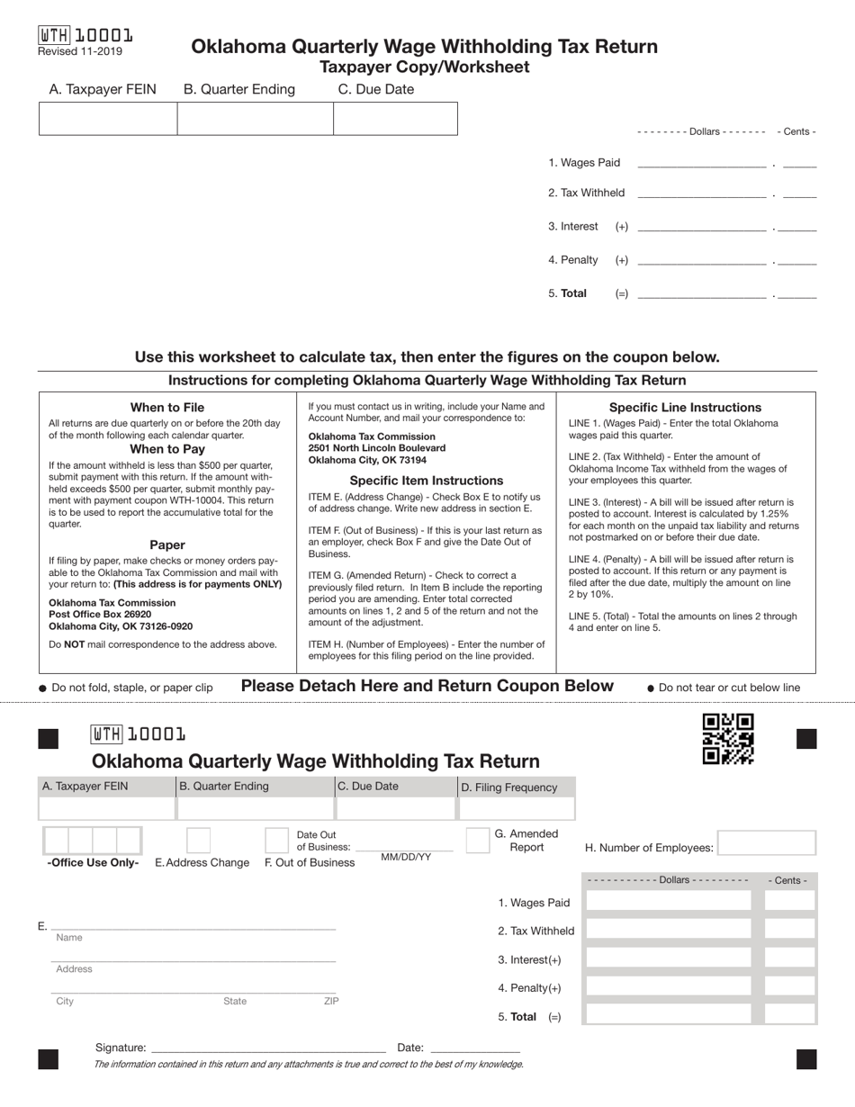 Form WTH10001 Oklahoma Quarterly Wage Withholding Tax Return - Oklahoma, Page 1