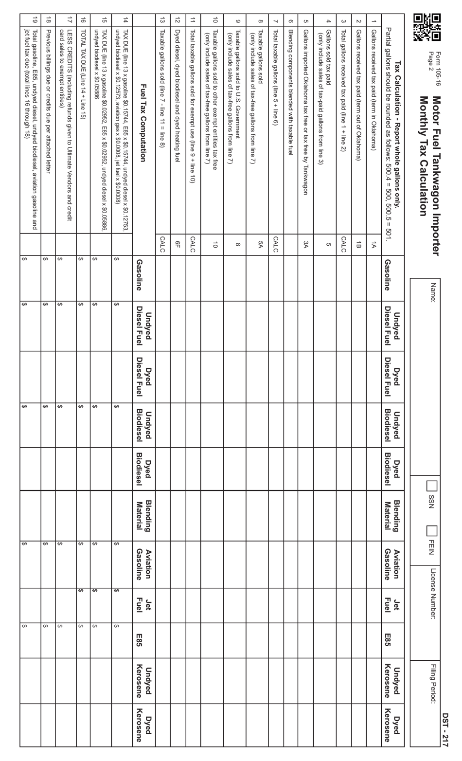 Form 105-16 Motor Fuel Tankwagon Importer Monthly Tax Calculation (For Filing Returns After July 1, 2018) - Oklahoma, Page 3