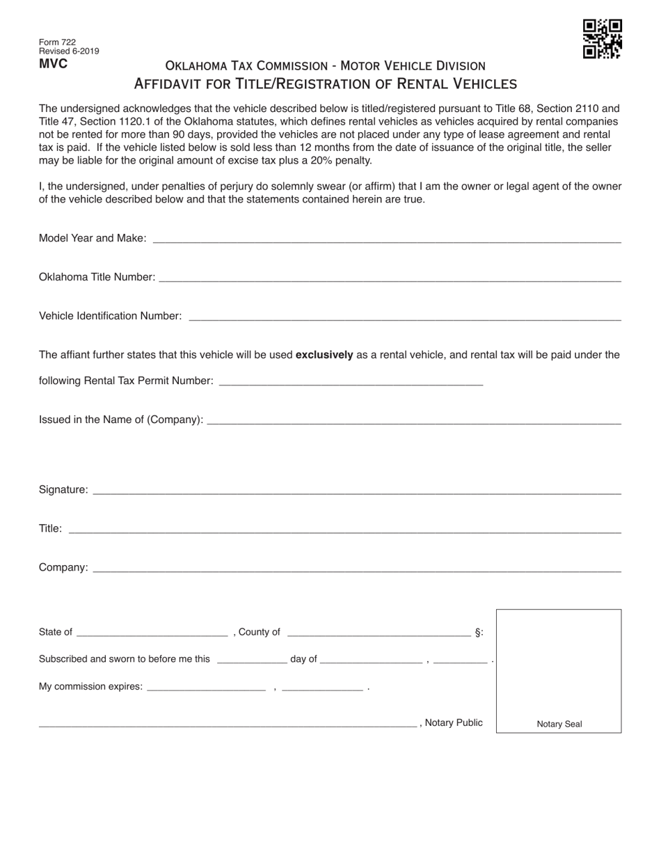 Form 722 Affidavit for Title / Registration of Rental Vehicles - Oklahoma, Page 1
