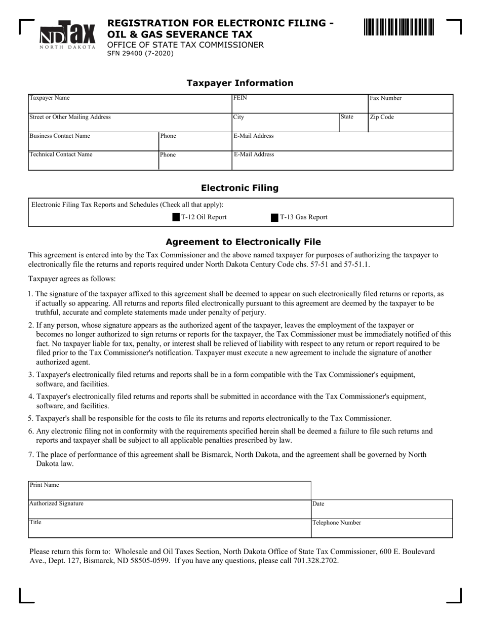 Form SFN29400 Registration for Electronic Filing - Oil  Gas Severance Tax - North Dakota, Page 1