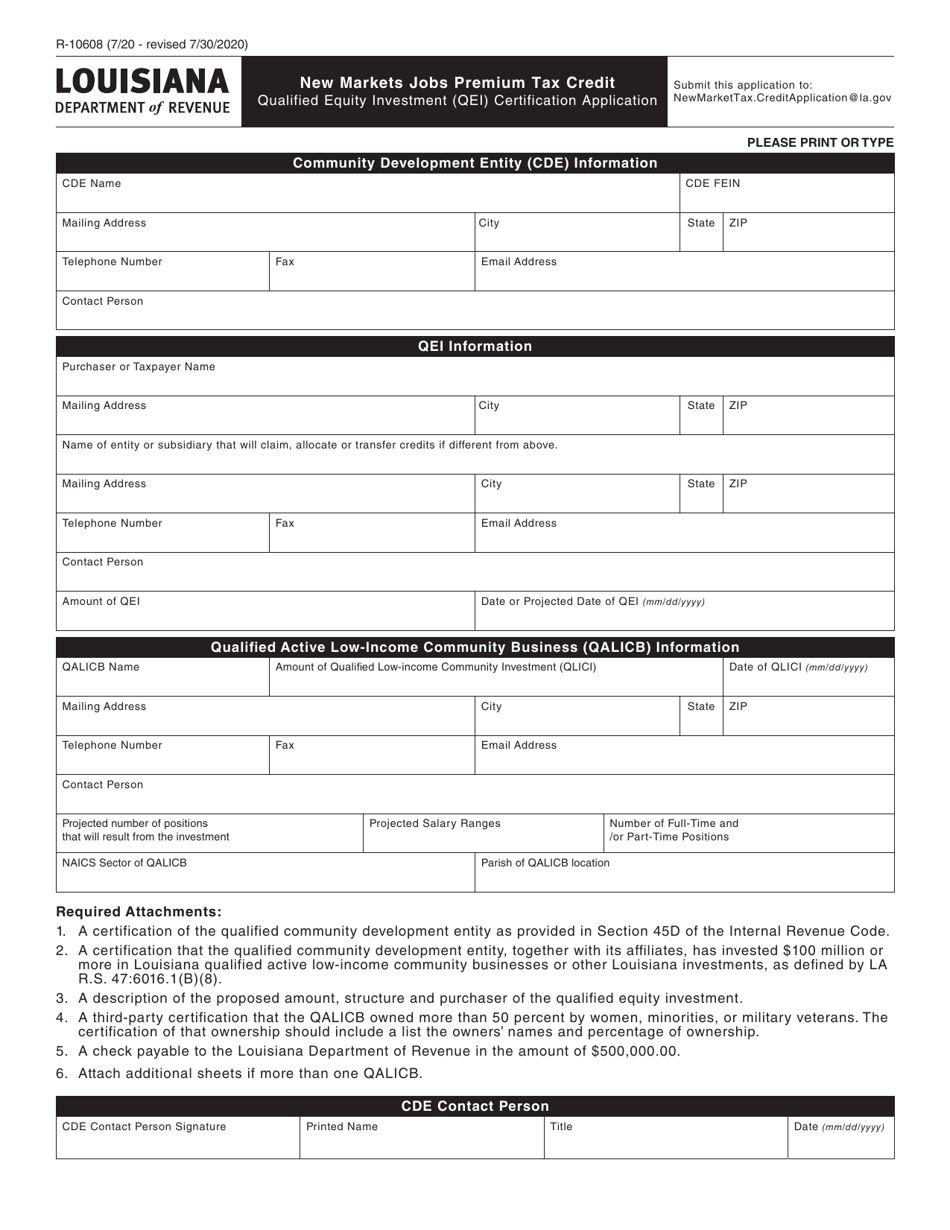 Form R-10608 New Markets Jobs Premium Tax Credit Qualified Equity Investment (Qei) Certification Application - Louisiana, Page 1
