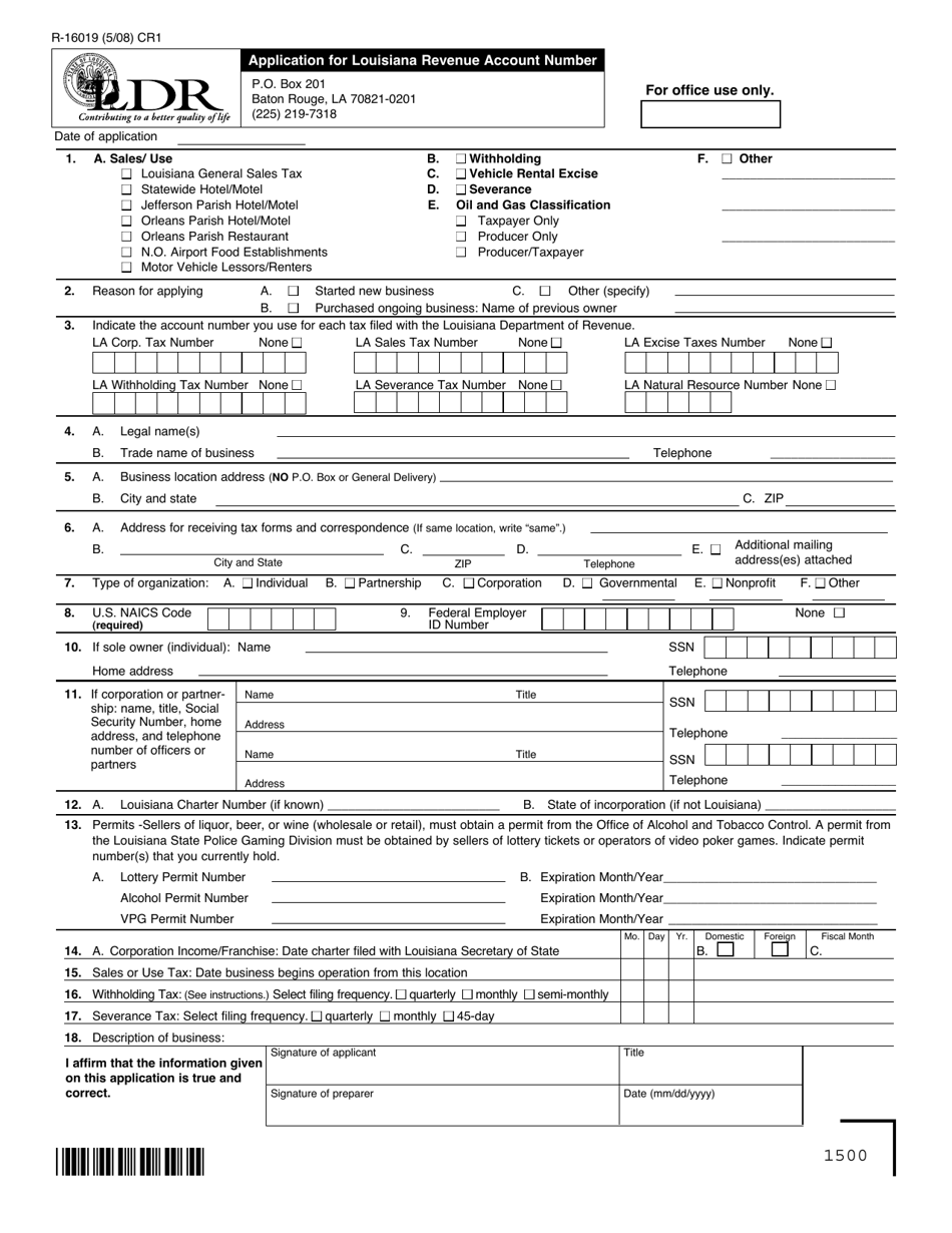 Form R-16019 Application for Louisiana Revenue Account Number - Louisiana, Page 1
