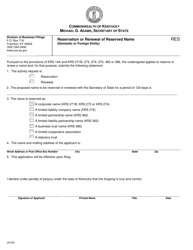 Form RES &quot;Reservation or Renewal of Reserved Name (Domestic or Foreign Entity)&quot; - Kentucky