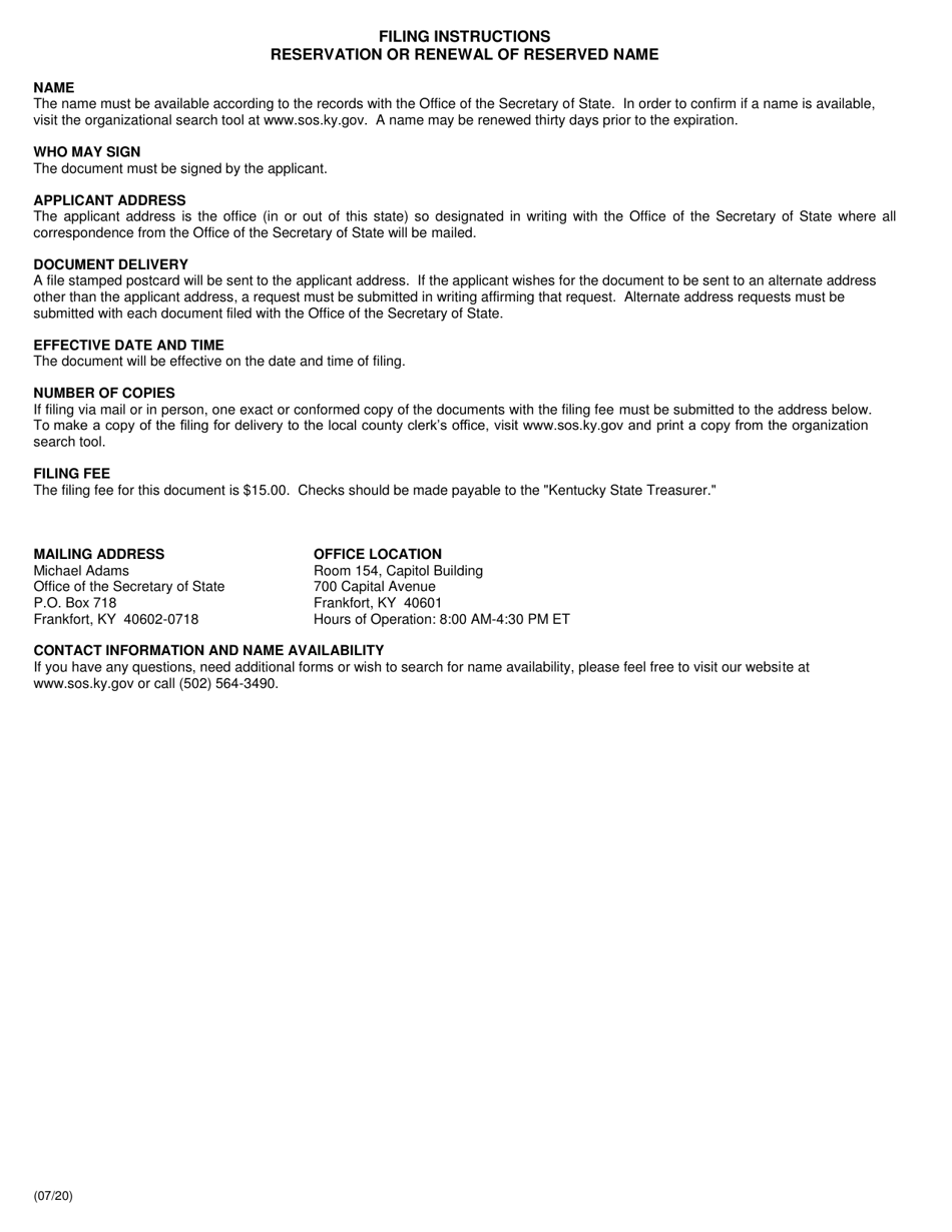 Form RES Reservation or Renewal of Reserved Name (Domestic or Foreign Entity) - Kentucky, Page 2