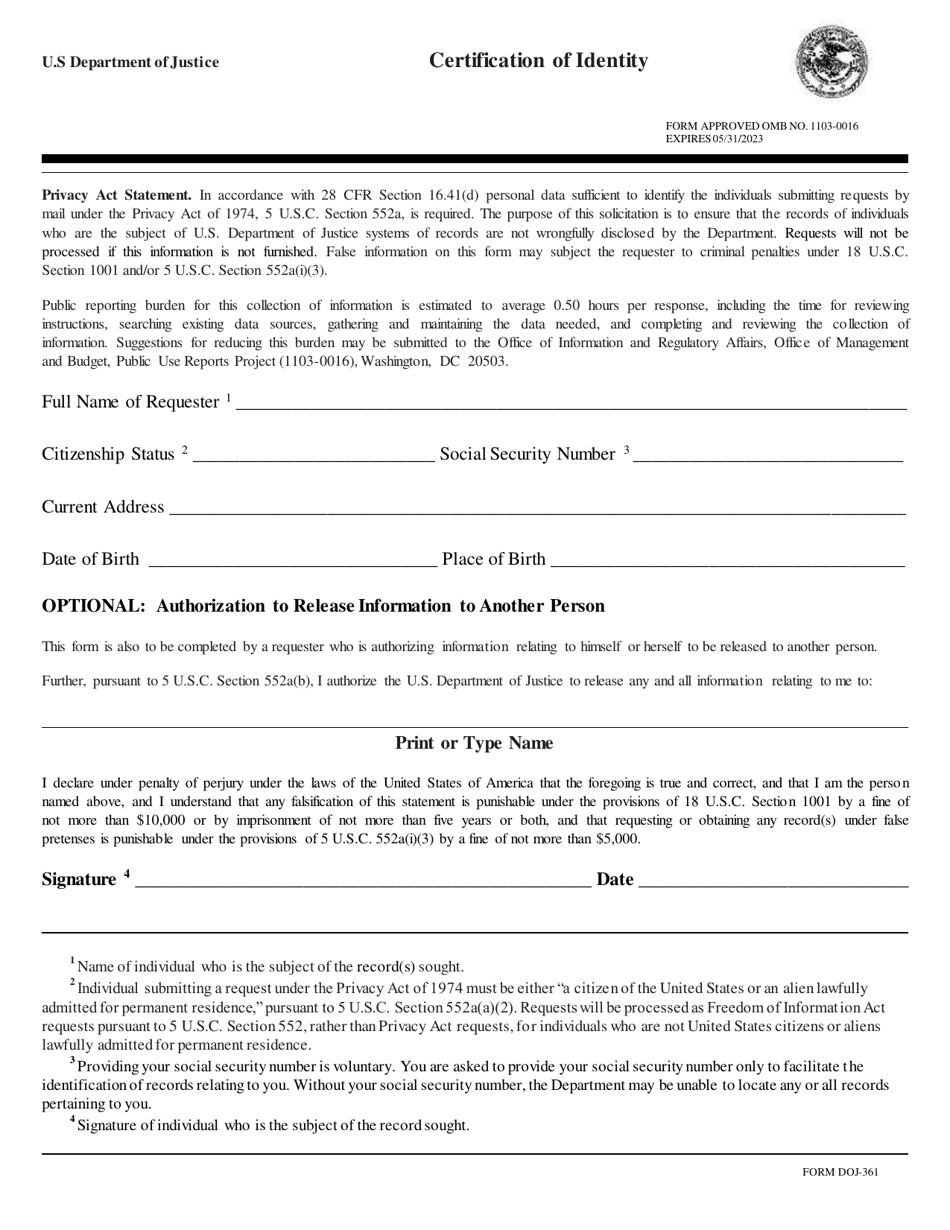 Form DOJ-361 Certification of Identity, Page 1