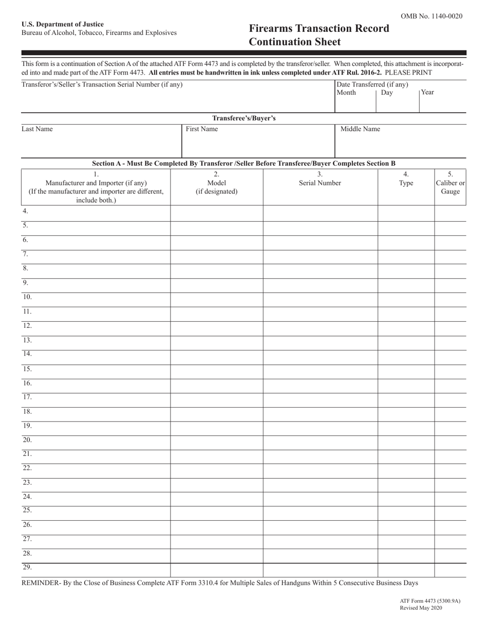ATF Form 4473 (5300.9A) Firearms Transaction Record Continuation Sheet, Page 1
