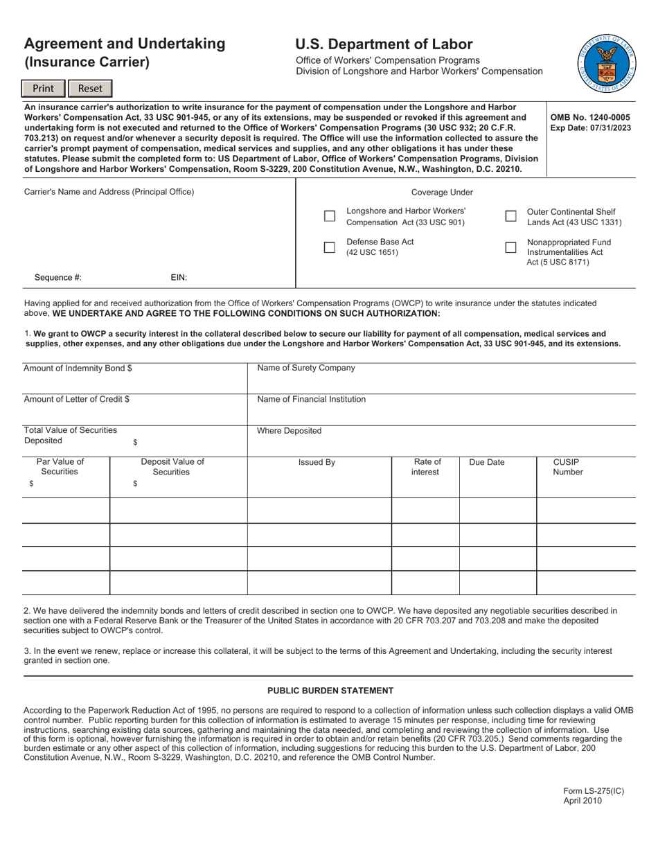 Form LS-275(IC) Agreement and Undertaking (Insurance Carrier), Page 1