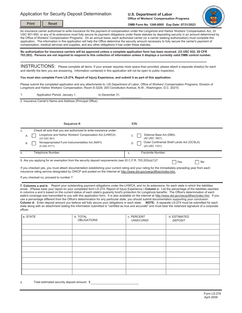 Form LS-276 Application for Security Deposit Determination, Page 1