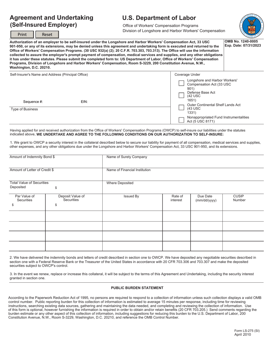 Form LS-275(SI) Agreement and Undertaking (Self-insured Employer), Page 1