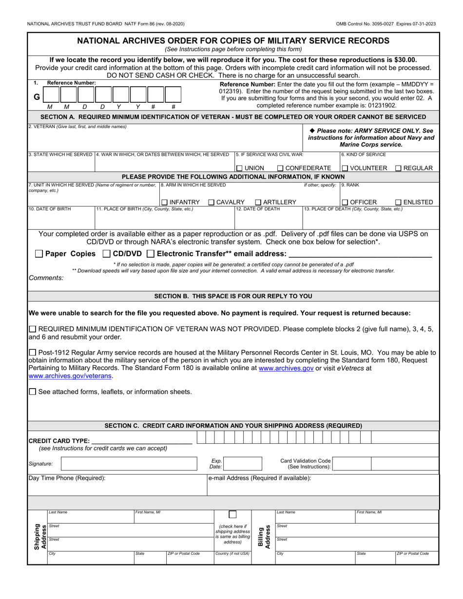 Natf Form 86 Download Printable Pdf Or Fill Online National Archives Nara Order For Copies Of 5996