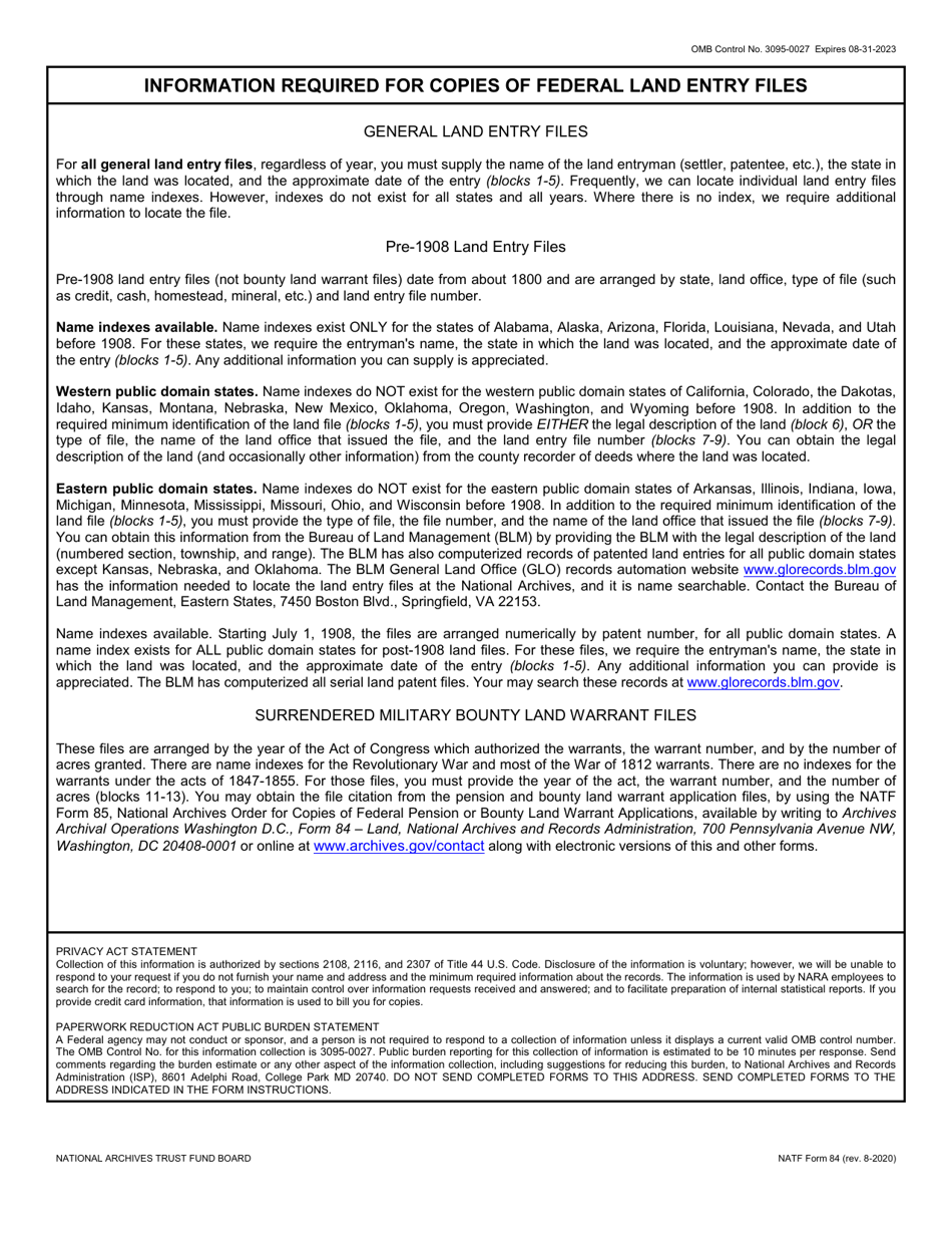 Natf Form 84 Download Printable Pdf Or Fill Online National Archives Order For Copies Of Land 1964