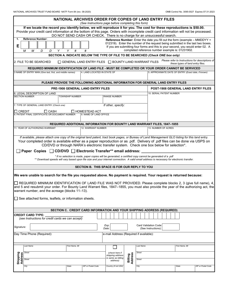 Natf Form 84 Download Printable Pdf Or Fill Online National Archives Order For Copies Of Land 7586