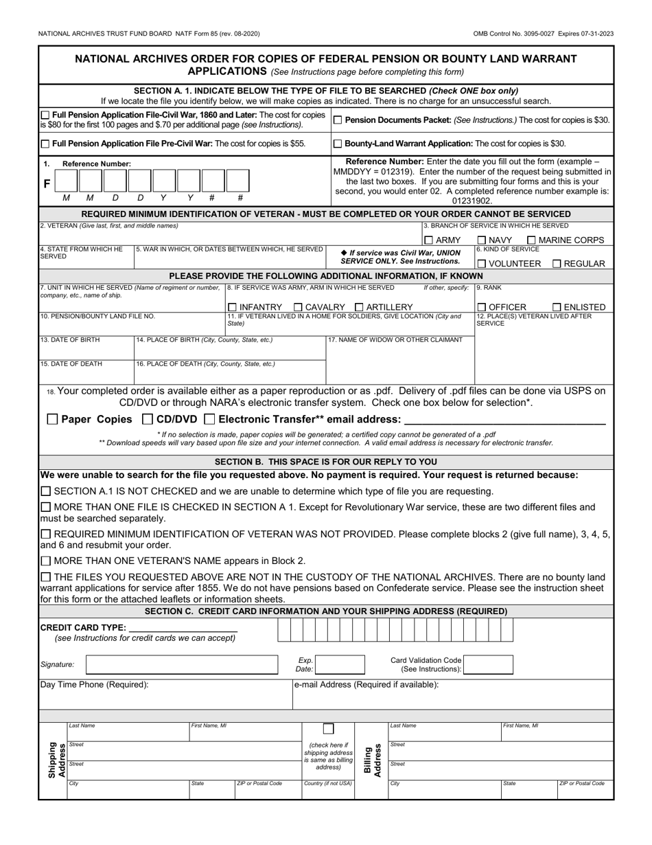 NATF Form 85 National Archives (Nara) Order for Copies of Federal Pension or Bounty Land Warrant Applications, Page 3